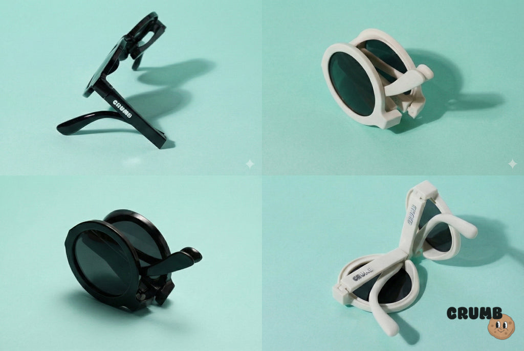Snap Biscuits foldable shades packaged with cleaning cloth and drawstring pouch